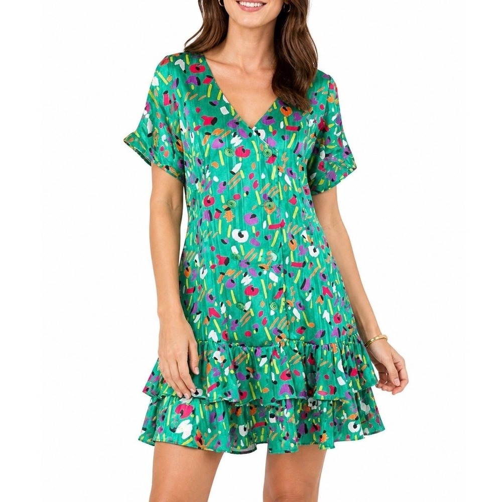 80s Howard Wolf Abstract Print Dress Green Art To Wear Maximalist Ruffle Hem